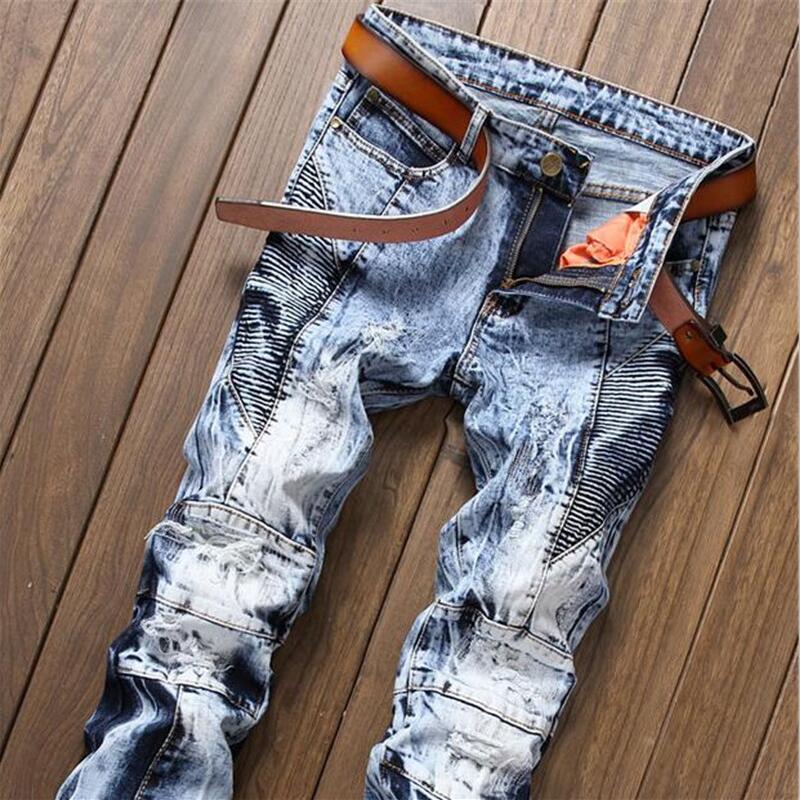 

New fashion clothing designer pants destroyed mens slim denim straight biker skinny jeans men ripped jeans Male Boys, Light blue