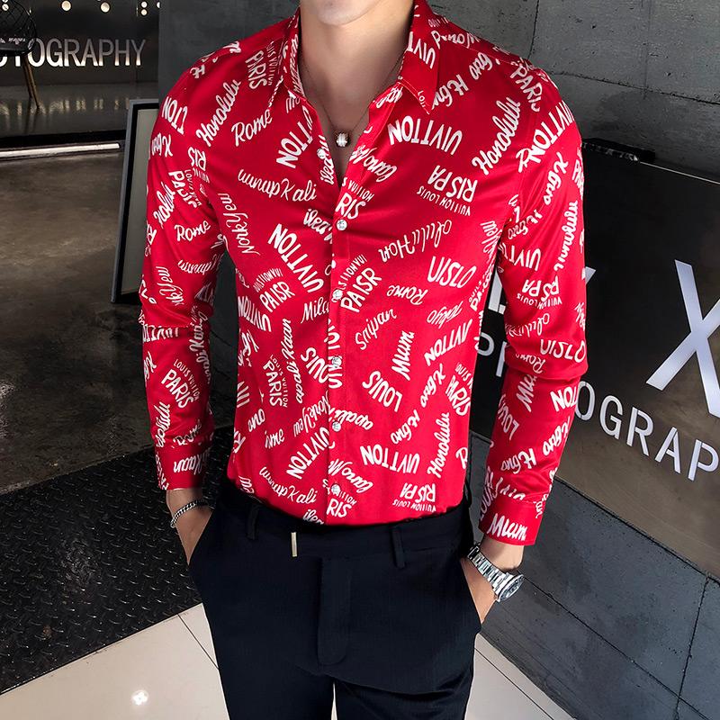 

New Boutique Fashion Print Men's Casual Long- Sleeved Shirts / Male Slim High-end Brand Letter Printing Leisure Shirts, Black