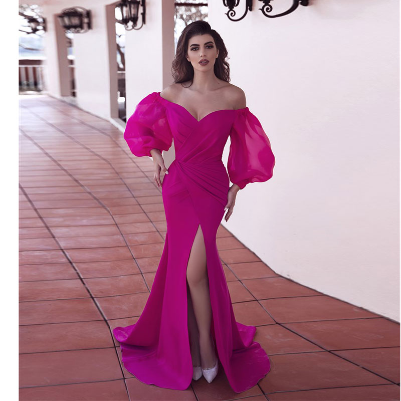

Attractive Fuchsia Mermaid Prom Dresses Off The Shoulder Side Split Evening Gowns Plus Size Sweep Train Long Sleeves Formal Dress, Orange