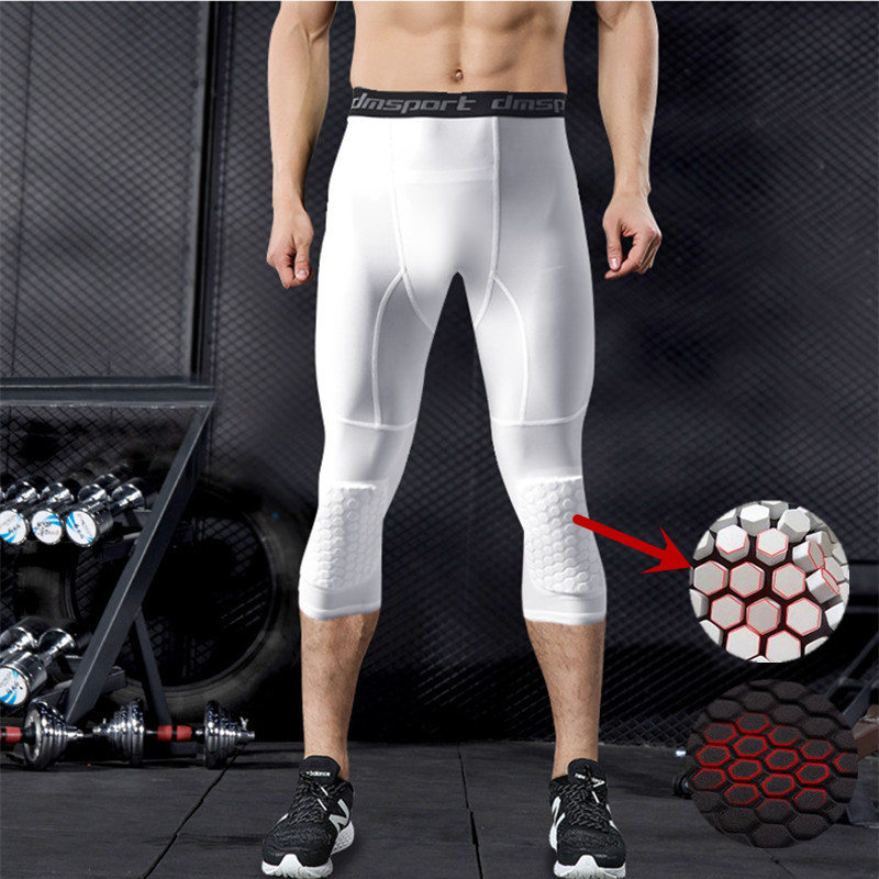 

Honeycomb Padded Compression Pants Gym Leggings Men Running Tights Long Knee Support Fitness Shorts Jogging Sweatpants Sport 3/4, Black