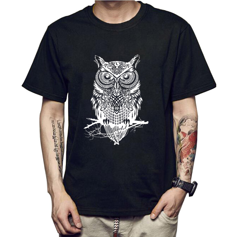 

Fashion short sleeve owl printed men tshirt cool funny men' tee shirts tops men T-shirt cotton casual mens t shirts T01, White