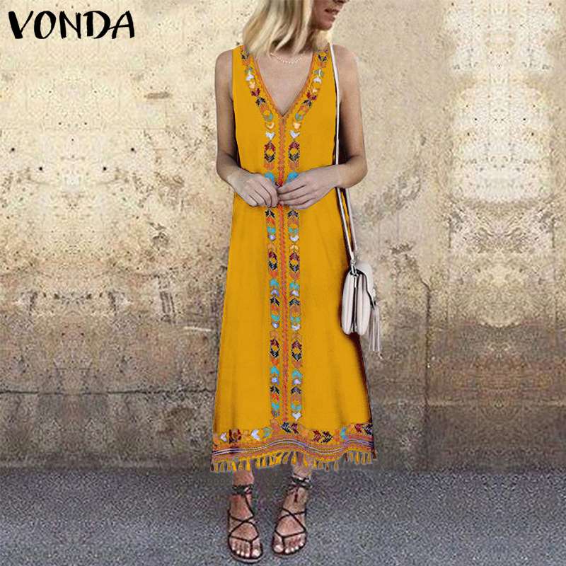 

Bohemian Dress Floral Printed Beach Sundress VONDA 2020 Summer Women Vintage Tassel Party Maxi Long Dress Vestido Robe Plus Size, Black