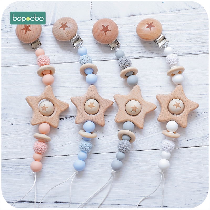 

Bopoobo 1pc Baby Teether 1PC Pacifier Chain Beech Star Wooden Clip Geometric Crochet Beads Pacifier Clip Chain Tiny Rod Toys