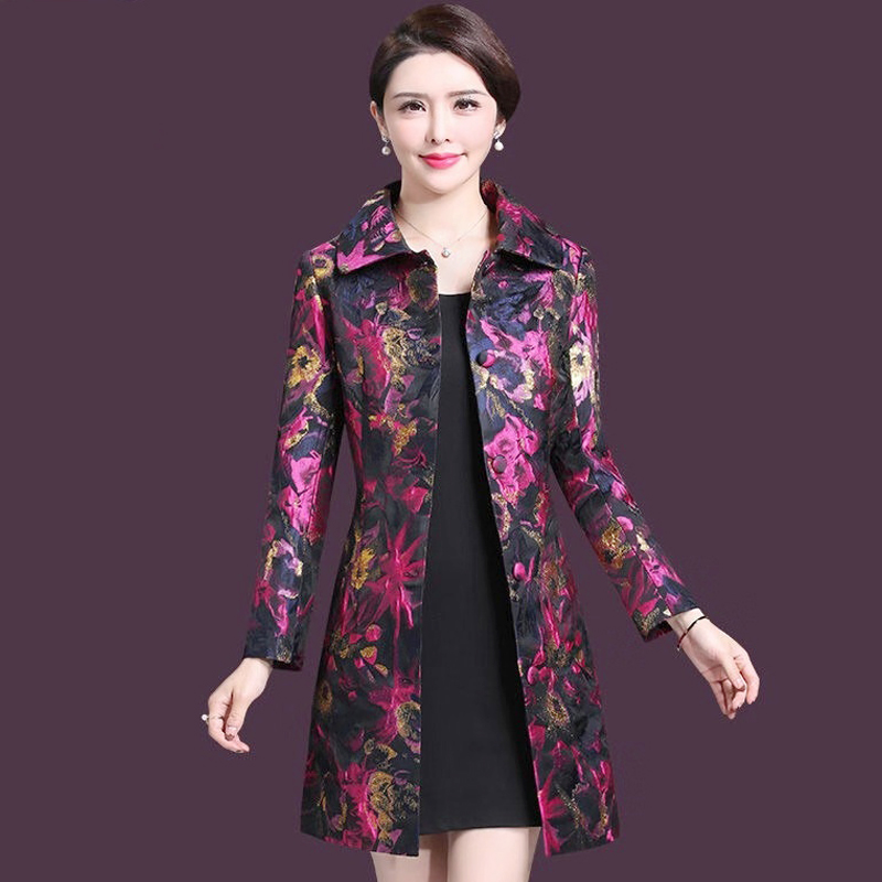

Spring Fall Casual Fashion Womens Female Dobby Golden Flower Pattern Slim 4xl Trench Coats , 2019 Autumn Woman Slim Overcoat, As pic
