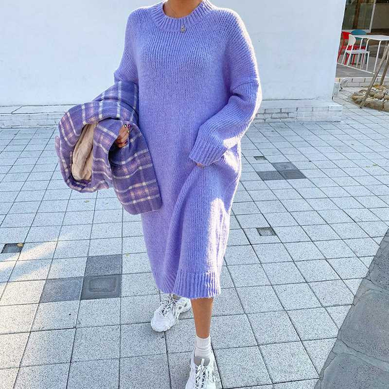 

Casual Loose Sweater Dress Winter Women Fashion Knitting Dresses Long Pullovers Korean Style Lady Warm Long Dress Oversize, Gray