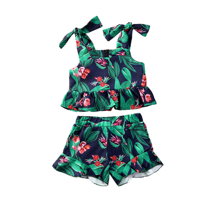

Summer Kid Girl Clothes Baby Floral Print Sleeveless Crop Top Vest+Shorts Summer Children Kid Outfits Clothes, Multi
