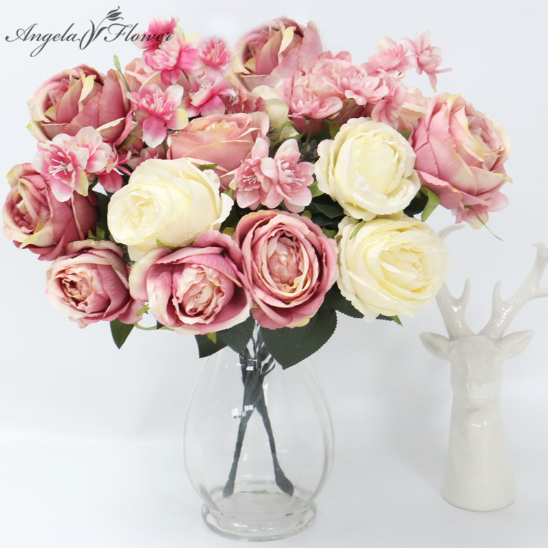 

12 heads roses artificial flower wedding background wall flower arrangement decor home table bridal bouquet rose peonies floral, Pink