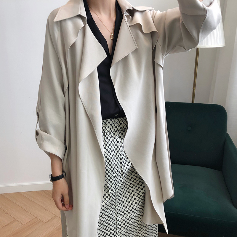 

Fashion Casual Open Stitch Women Trench Coat Spring 2019 Turn-down Collar Lace Up European Windbreaker Solid Ladies Overcoat, Beige