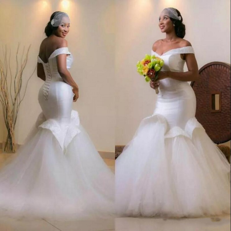 African Plus Size Corset Mermaid Wedding Dresses 2019 Off Shoulder Satin Tulle Ruffles Gorgeous Bridal Gowns Lace Up Cheap