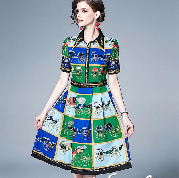

carriage printed blue green women shirt dresses A-line street style dresses knee-length short sleeve