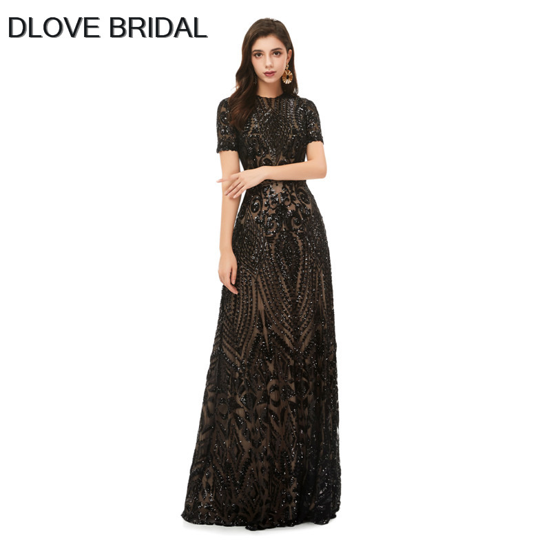 

Stunning Sparkle Sequined Evening Dress Short Sleeve Special Occassion Gown Elegant Black Formal Dresses High Quality