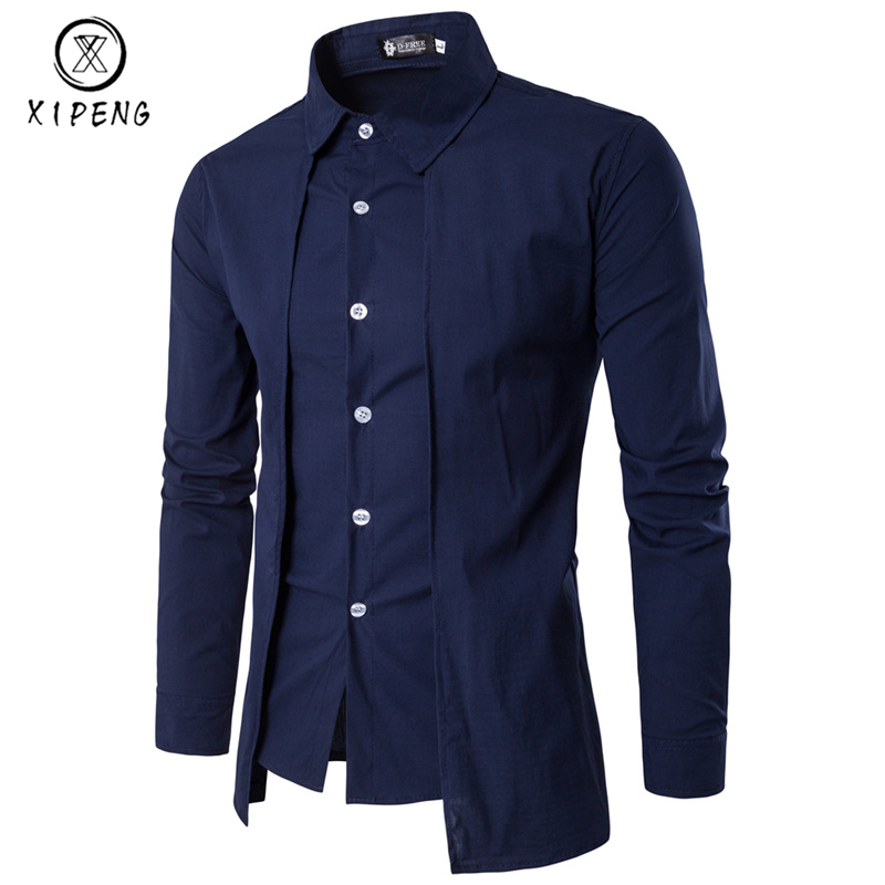

New Arrival Autumn Men Shirt 2019 Unique Design Fake two pieces Stylish Mens Dress Shirt Long Sleeve Casual Slim Fit Male Shirts, White