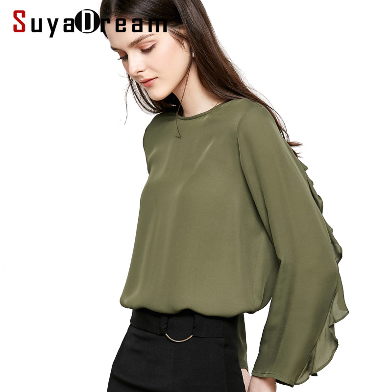 

Women Silk Blouse 100% REAL SILK CREPE Solid Blouses for Women O Neck Long Sleeved Shirt 2019 Spring New Office lady Blouses, Army green