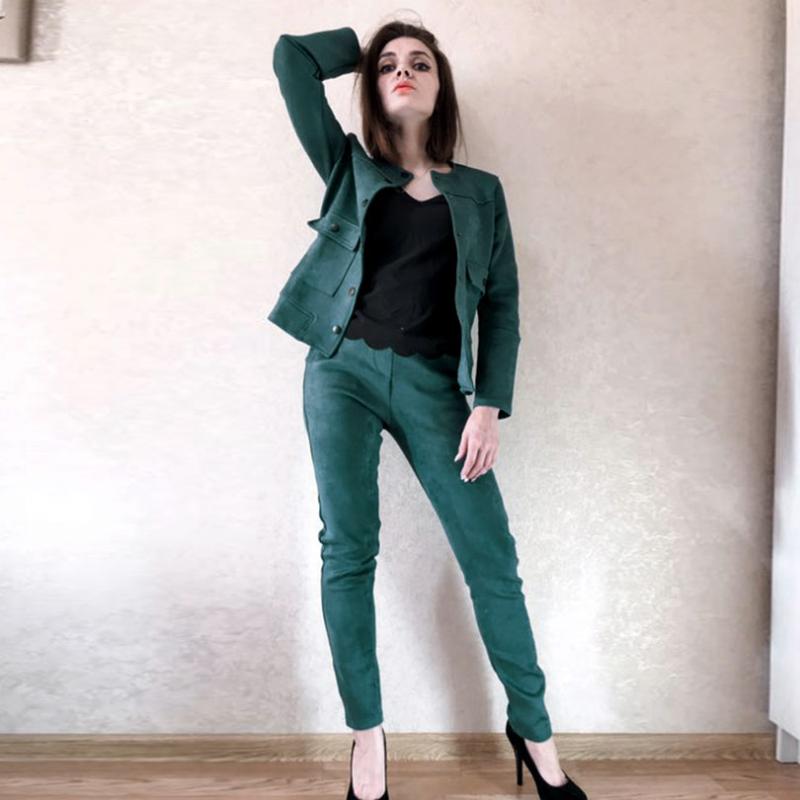 

Taotrees Female Fashion Suede Casual Long-Sleeved Crew Neck Suits Single Breasted Jacket + Pants 2 Piece Set, Purplish red