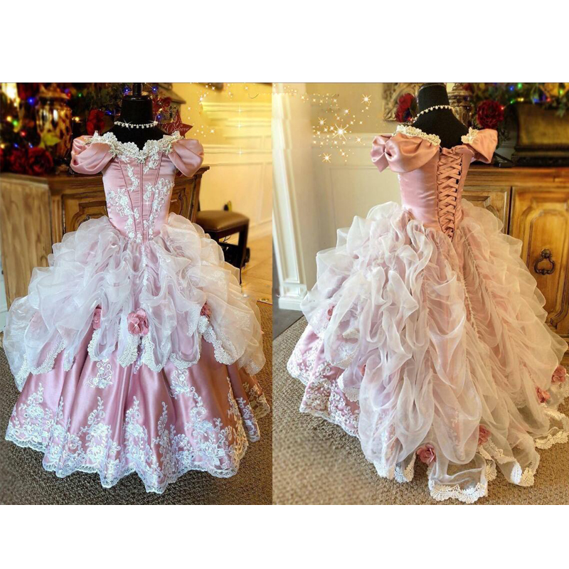 Vintage Flower Girls Lace Dresses with Sleeves Kids Party Gowns Prom Dress