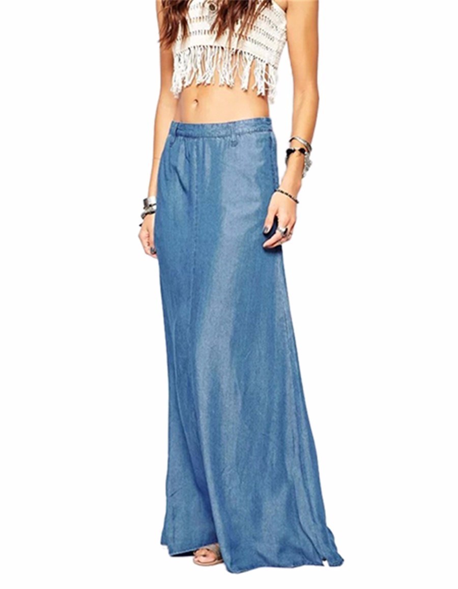 high waisted denim maxi skirt