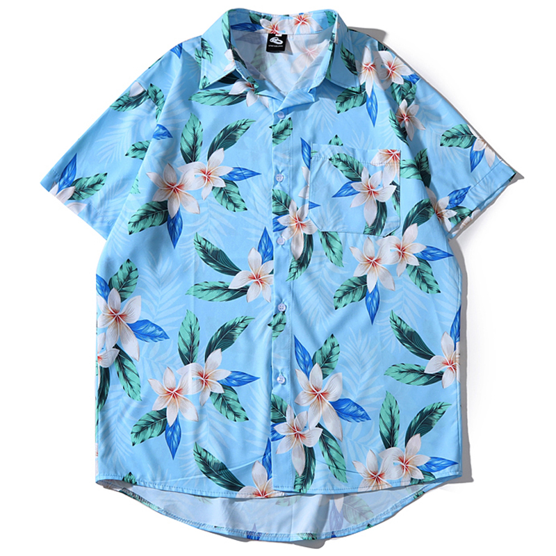 

2020 Summer Blue Printing Hawaiian Shirt Blouse Mens Casual Turn Down Collar Men Tops Chemise homme Male Clothing LT034, As picture show
