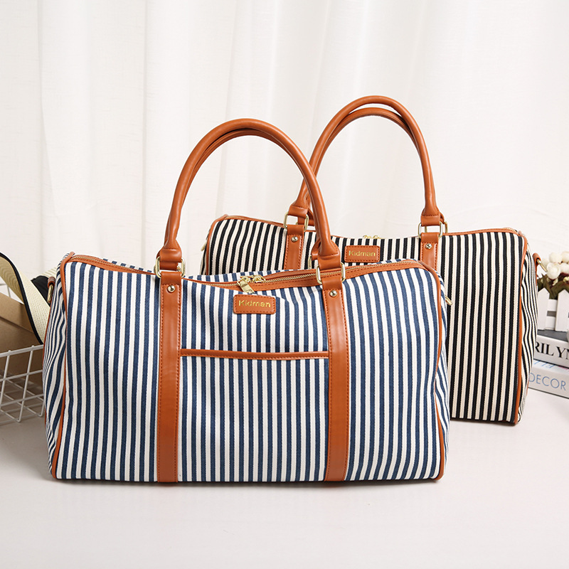 

Fashion Large Capacity Canvas Travel Bag Striped Travel Bag Short Journey Portable Luggage Bags, Beige