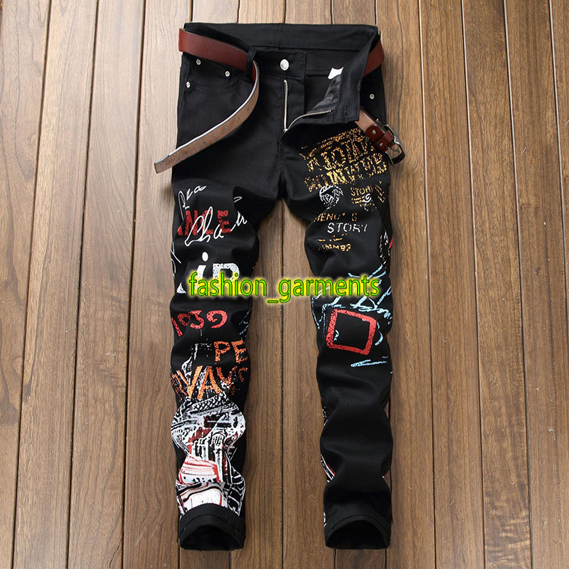 

Fashion Printed Denim Trousers Mens Slim Stretch Casual Straight Trousers Mens stylist Graffiti Jeans men Personality Jeans Black White, White #5608