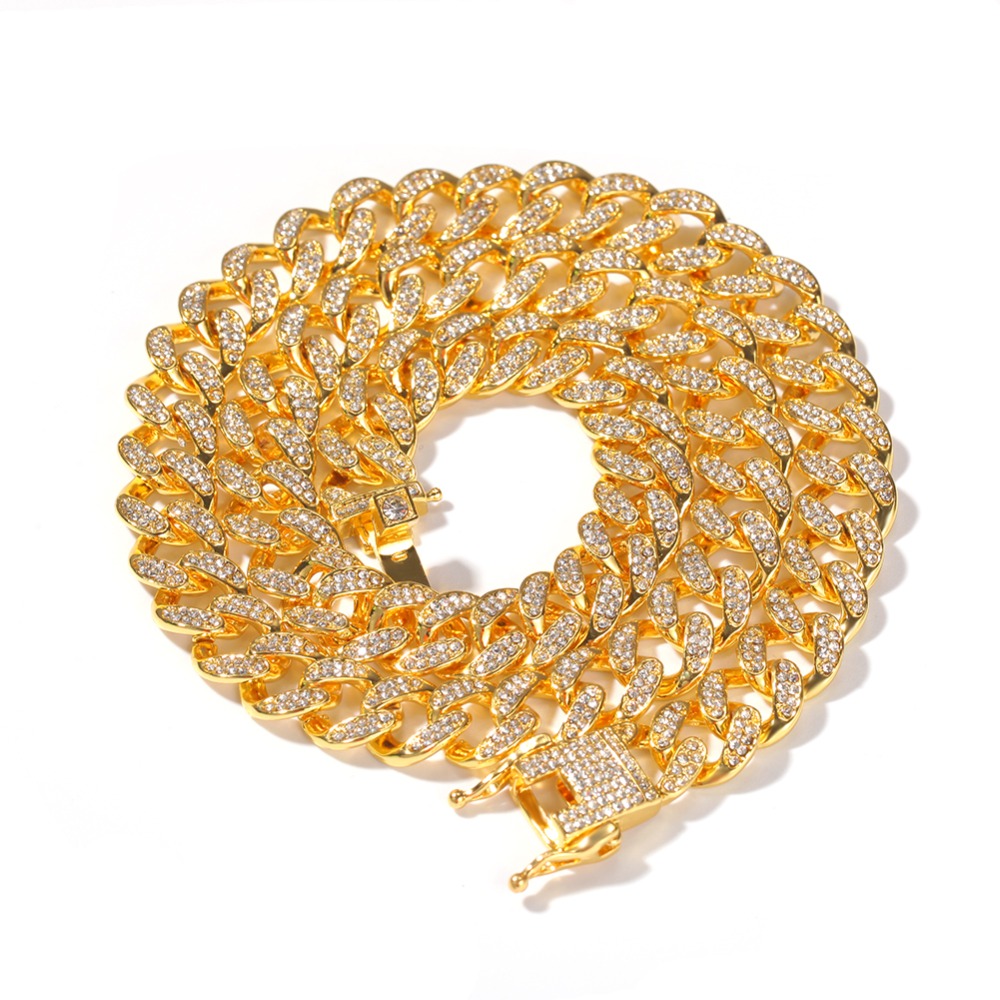 

Miami Cuban Link Chain Necklace 13mm Full Bling Bling Iced Out Crystal Rhinestones Silver Gold Color Fashion Jewelry Men Necklace