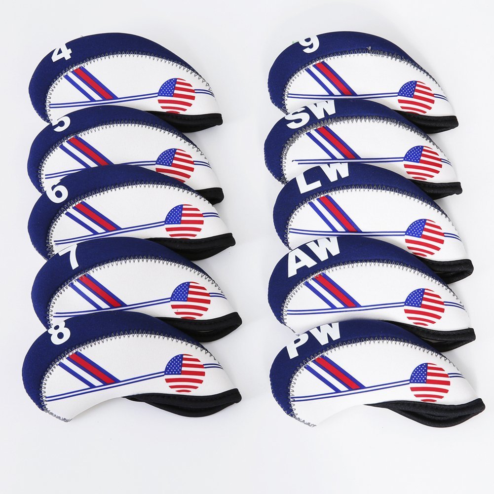

10pcs/set Golf White & Blue US Flag Neoprene Golf Club Head Cover Wedge Iron Protective Headcover Protector Case
