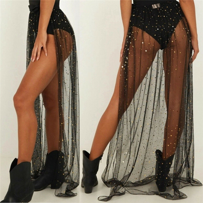 

2020 Lady Elastic Waist Mesh Maxi Wrap Skirt Women Sexy Shiny Sequins Bikini Cover Up Swimsuit Summer Sarong Pareo Beachwear