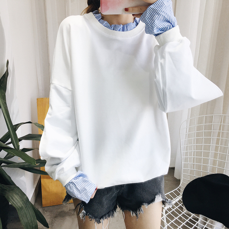 

Ladies spring and autumn thin section new solid color stitching blue striped round neck fake two-piece suit, Wd-1k