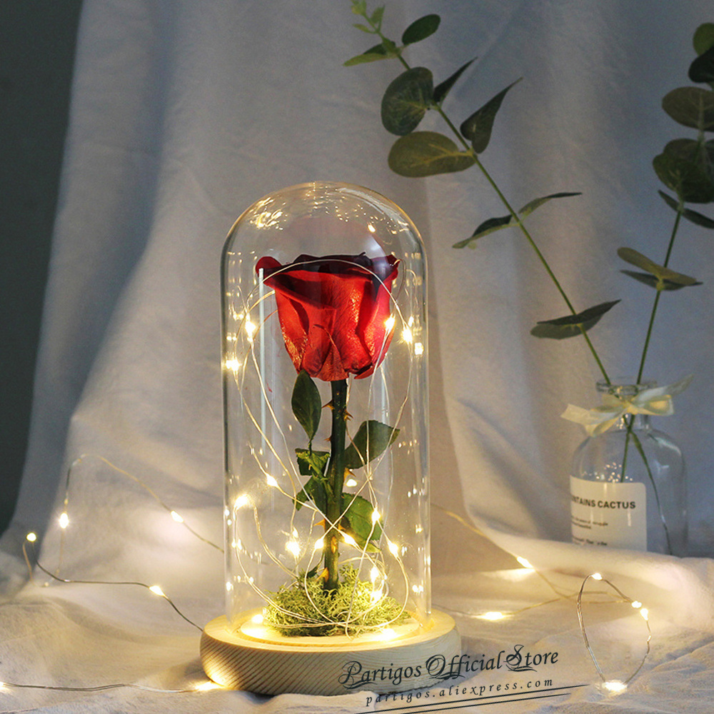 LED Rose Nachtlichter Tischlampe Glaskuppel Liebespaar Geburtstag Hause Dekor