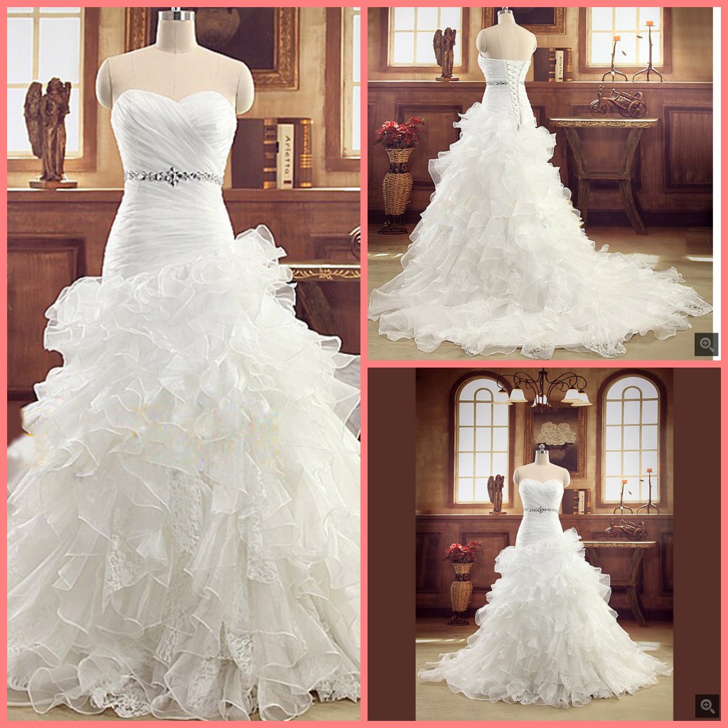 

Real Photo Strapless Organza lace Mermaid Wedding Dresses 2019 Ruffles Crystal Corset China Bridal Gowns Wedding Dress Plus Size, Ivory