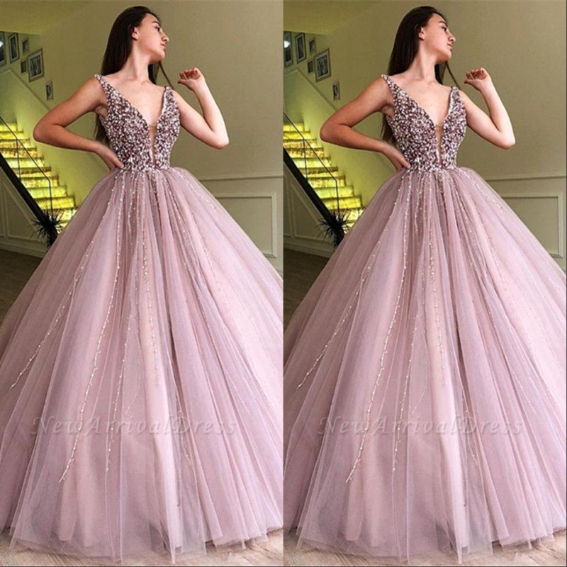 

Plunging V Neck Beaded Crystals Prom Dresses Dusky Pink Tulle Sleeveless Evening Dresses Formal Party Wear Gowns Plus Size, Fuchsia