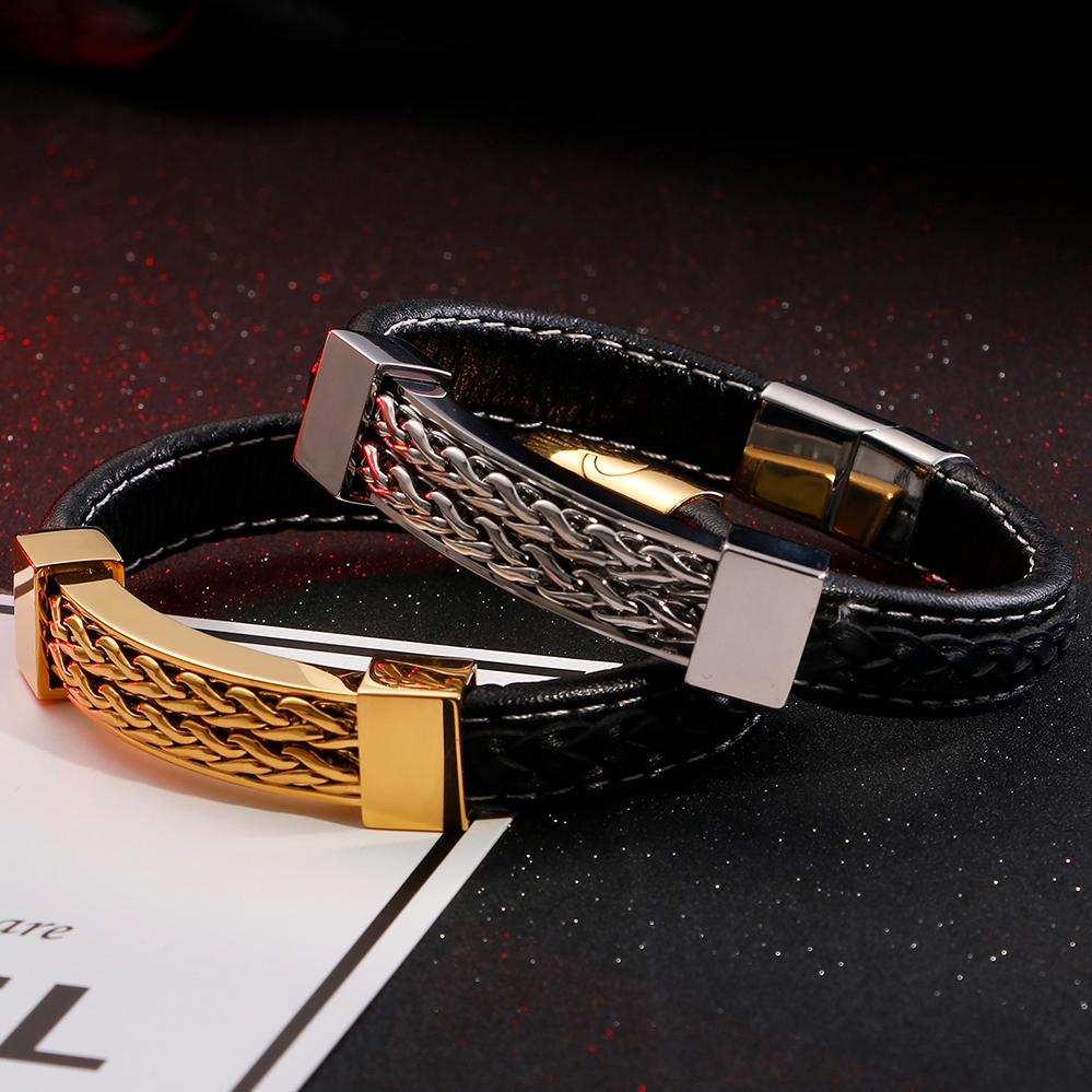 

Wrap Leather Bracelet For Man Fashion Gold Stainless Steel Mens Bracelets Men's Jewelry Braided Genuine Leather Boyfriend Gifts