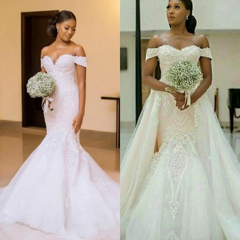 

Elegant Mermaid Sleeveless Lace Wedding Dresses 2020 Off Shoulder Applique Tulle Plus Size African Country Bride Dress Bridal Gown Custom, Black