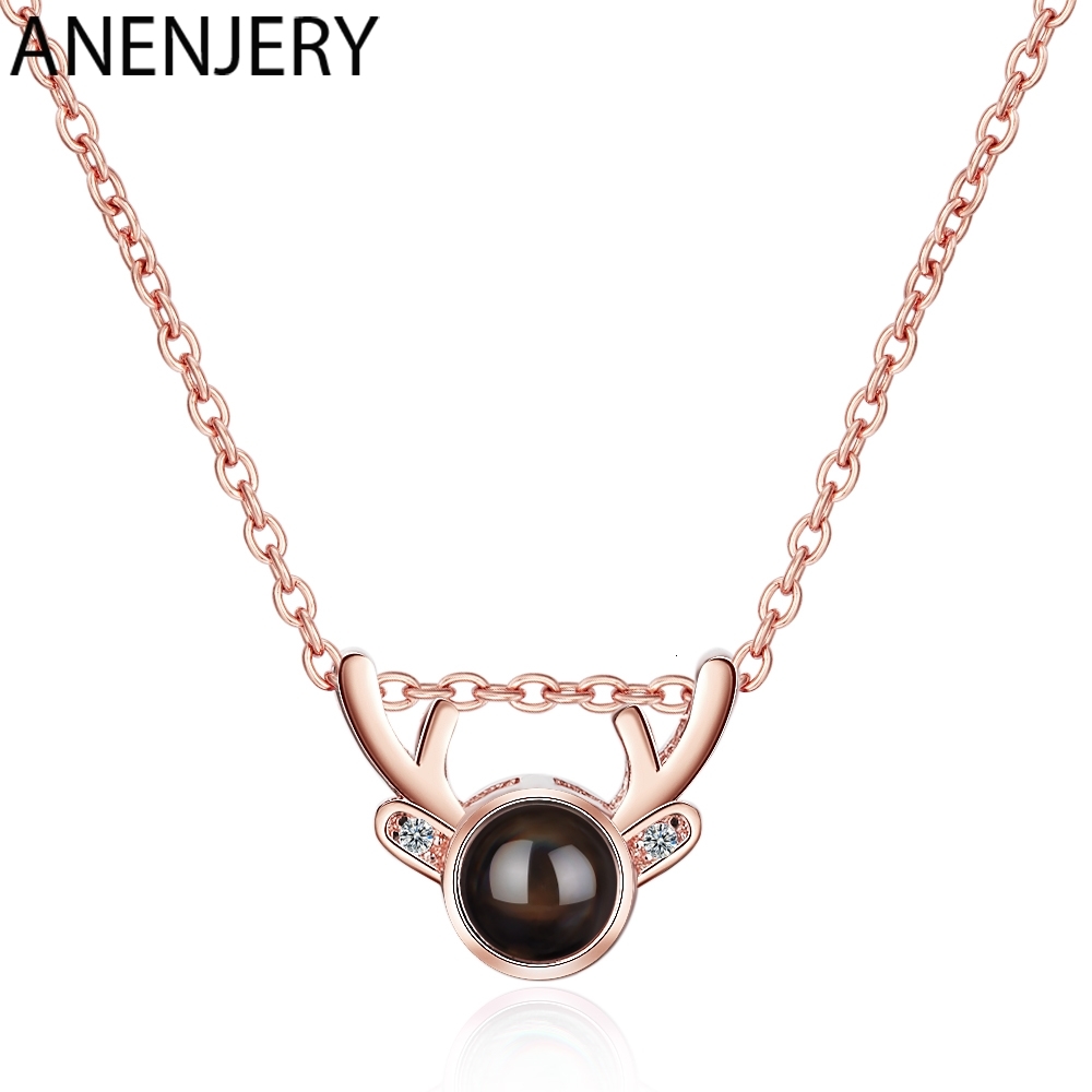

Sweet 2 Colors 925 Sterling Silver Antlers Necklaces For Women Projection I Love You Christmas Jewelry Gift