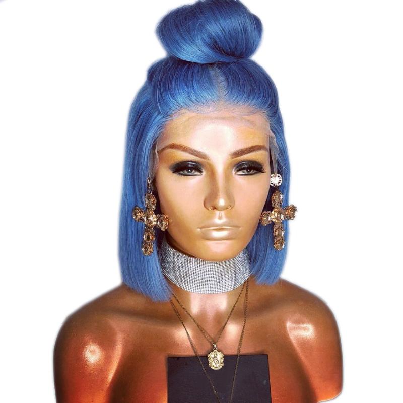 

Cosplay Blue Short Bob Heat Resistant Hair Women Makeup Wedding Party Gift Synthetic Lace Front Daily Wigs Straight Hair 14inch