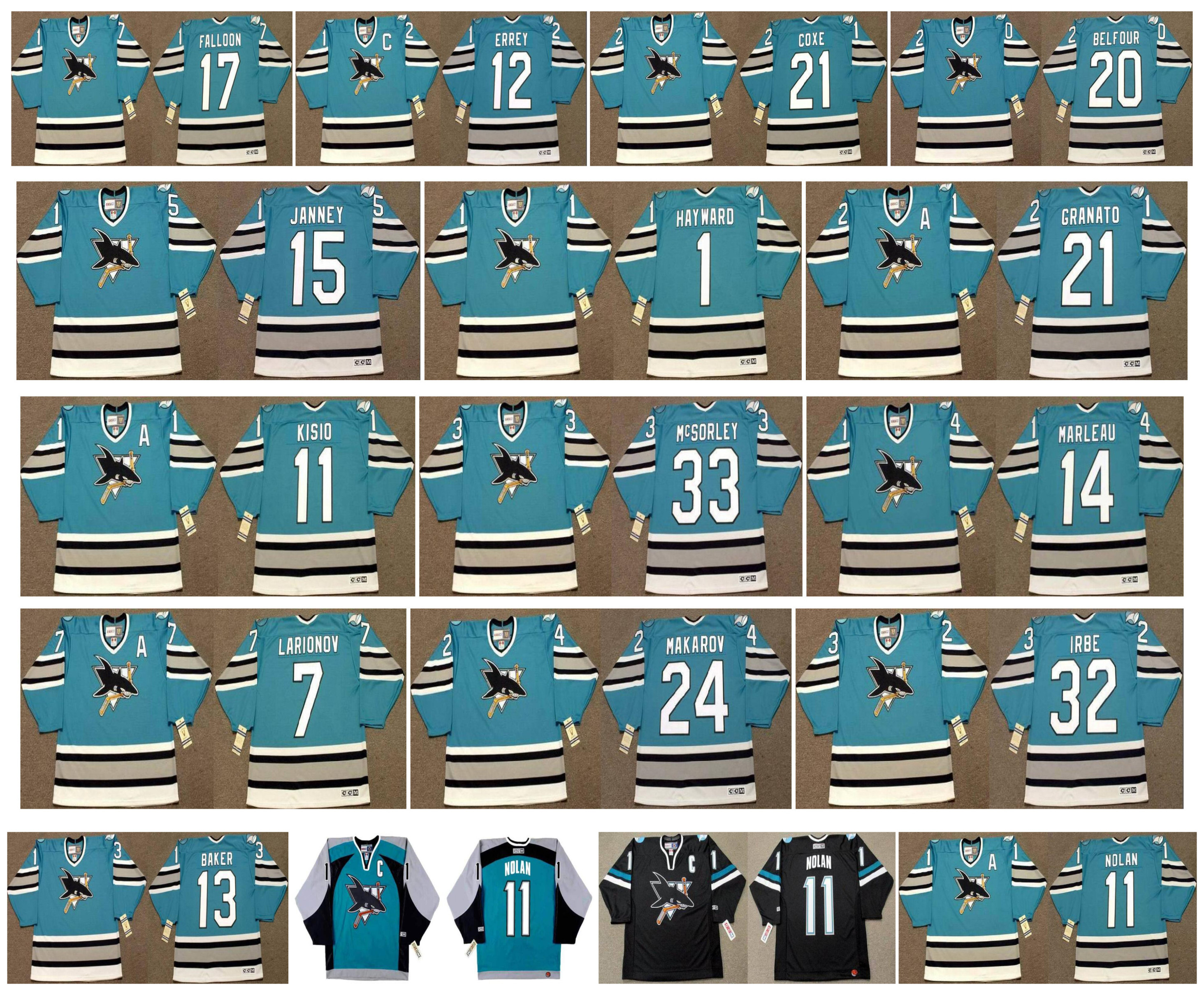 

Vintage San Jose Sharks Jersey 11 KELLY KISIO 33 MARTY McSORLEY 14 PATRICK MARLEAU 24 Sergei Makarov 7 IGOR LARIONOV 15 JANNEY CCM Hockey, Black