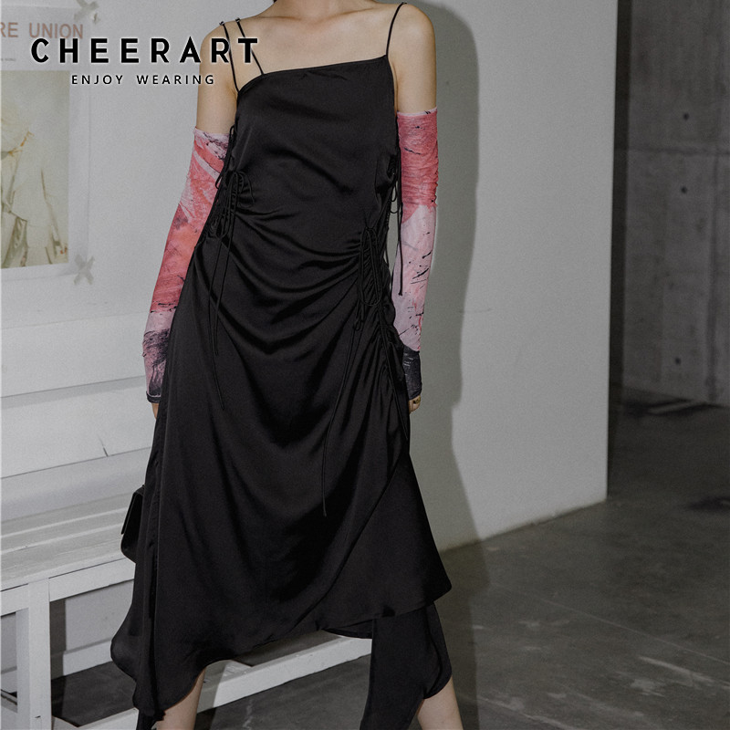 

CHEERART Drawstring Ruched Satin Cami Dress Long Midi Asymmetrical Slip Dress Women 2020 Summer Fashion Black, As pic