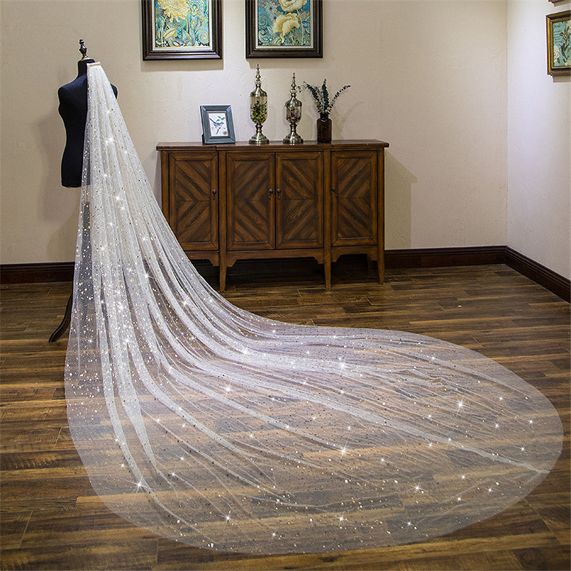 

4 Meters Long Style Bridal Veils Cathedral Veil For Wedding Dress Sparkling Satrs Bridal Gown Soft Tulle One Layer Wedding Veils With Comb, Light champagne