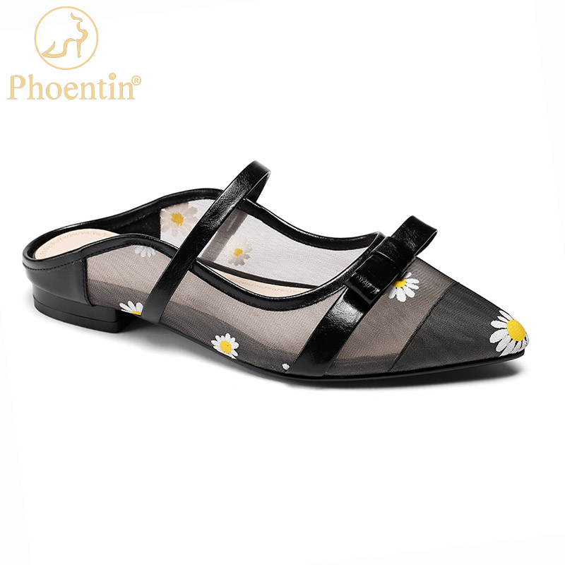 

Phoentin mesh flat sandals 2020 party heels women's fashion shoes flowers slippers with a bow pointed toe black Mules FT1003