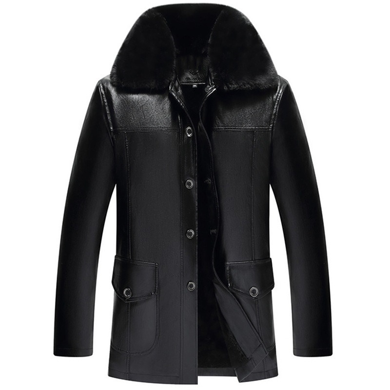 

Nice Winter Fur Collar Leather Jacket Men Button PU Leather Men Large Size Loose Plus Velvet Thick Jacket Coats, White fluff
