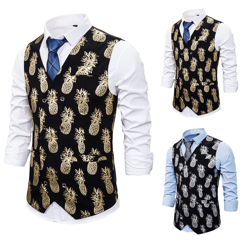 

Men' new fashion casual business fishing vest pineapple print dress dress European and American sizes XXL, Gold