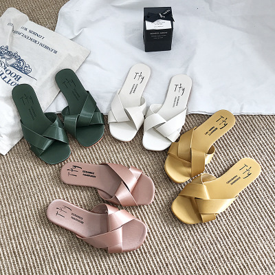 

Summer new cross slippers flat bottom non-slip word drag soft bottom Korean version simple wild wear waterproof, White