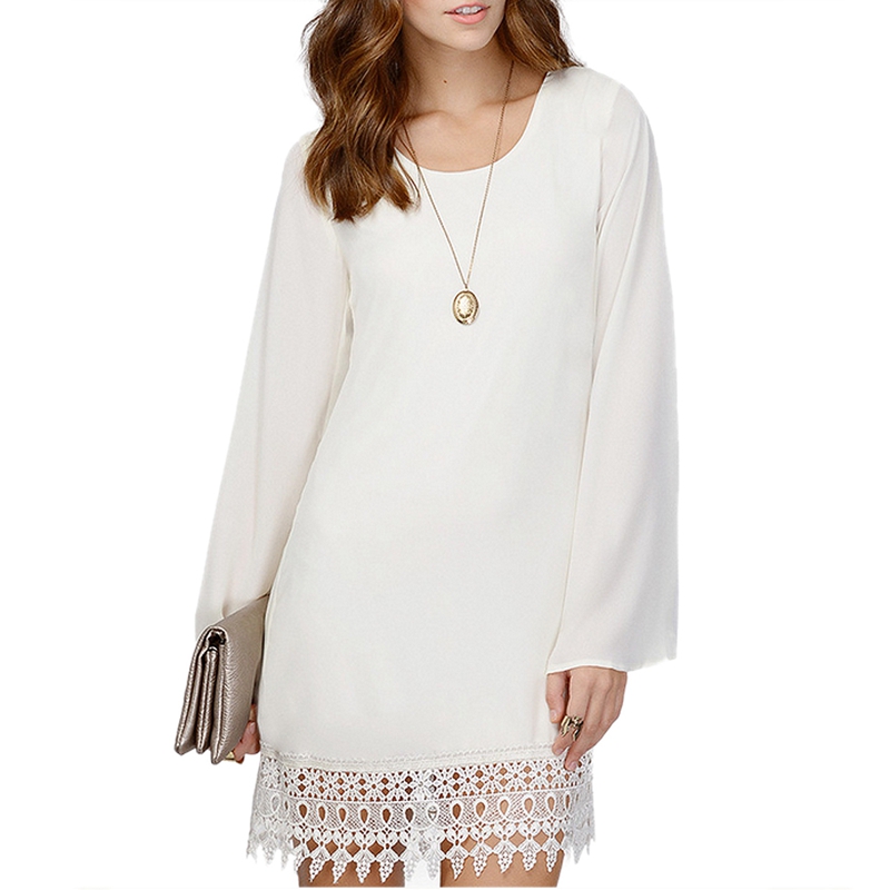

Women Sexy O-Neck Loose Shirt Long Sleeve Plus size Formal Casual Lace Dress White