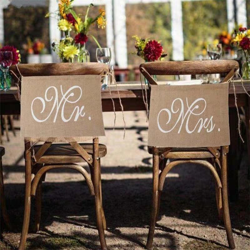 

1 Set Mr Mrs Wedding Chair Signs Banner Burlap Lace Hanging Garland Wedding Party Decoration