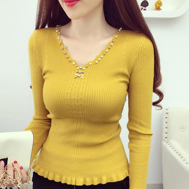 

Spring Autumn Women Fashion Solid Color Beading V-neck Sweater Knit Pullover Women Slim Knitted Top Pullover Sweater Female2020, Black