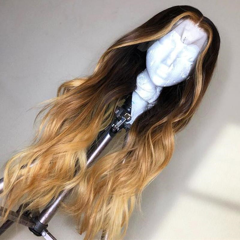 

Ombre Honey Blonde Highlight 100% Human Hair Lace Front Wigs For Black Women Wavy Brazilian Virgin Hair 13*4 Lace Frontal Wigs Pre Plucked, Ombre color