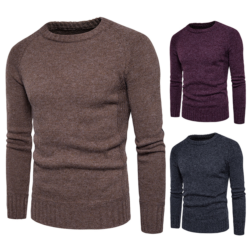 

2018 Autumn Man's Fashion Casual Solid Color Long Sleeve O-Neck Sweaters Tops Blouse Plus Size Daily,Casual,Sport, Coffee