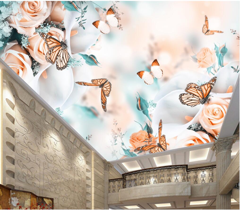 

3d ceiling murals wallpaper custom photo Romantic rose flower butterfly living room home decor 3d wall murals wallpaper for walls 3 d, Customize