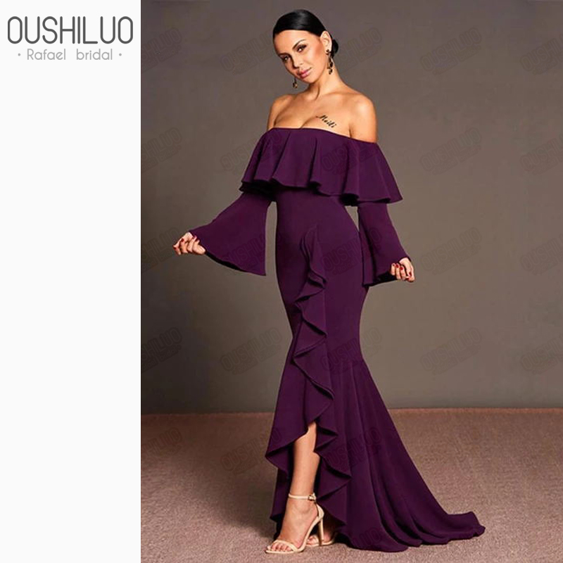 

Grape Satin Sheath Arabic Prom Dresses Party Wear Middle East Boat Neck Violet Tiered Ruffles High Slit Purple Evening Dress, Royal blue