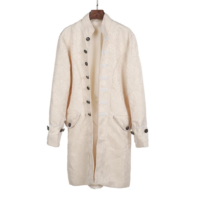

Steampunk Jacket Medieval Costume Trench Coat Men Long Sleeve Gothic Brocade Jacket Frock Coat Vintage Stand Collar Men #N4, White