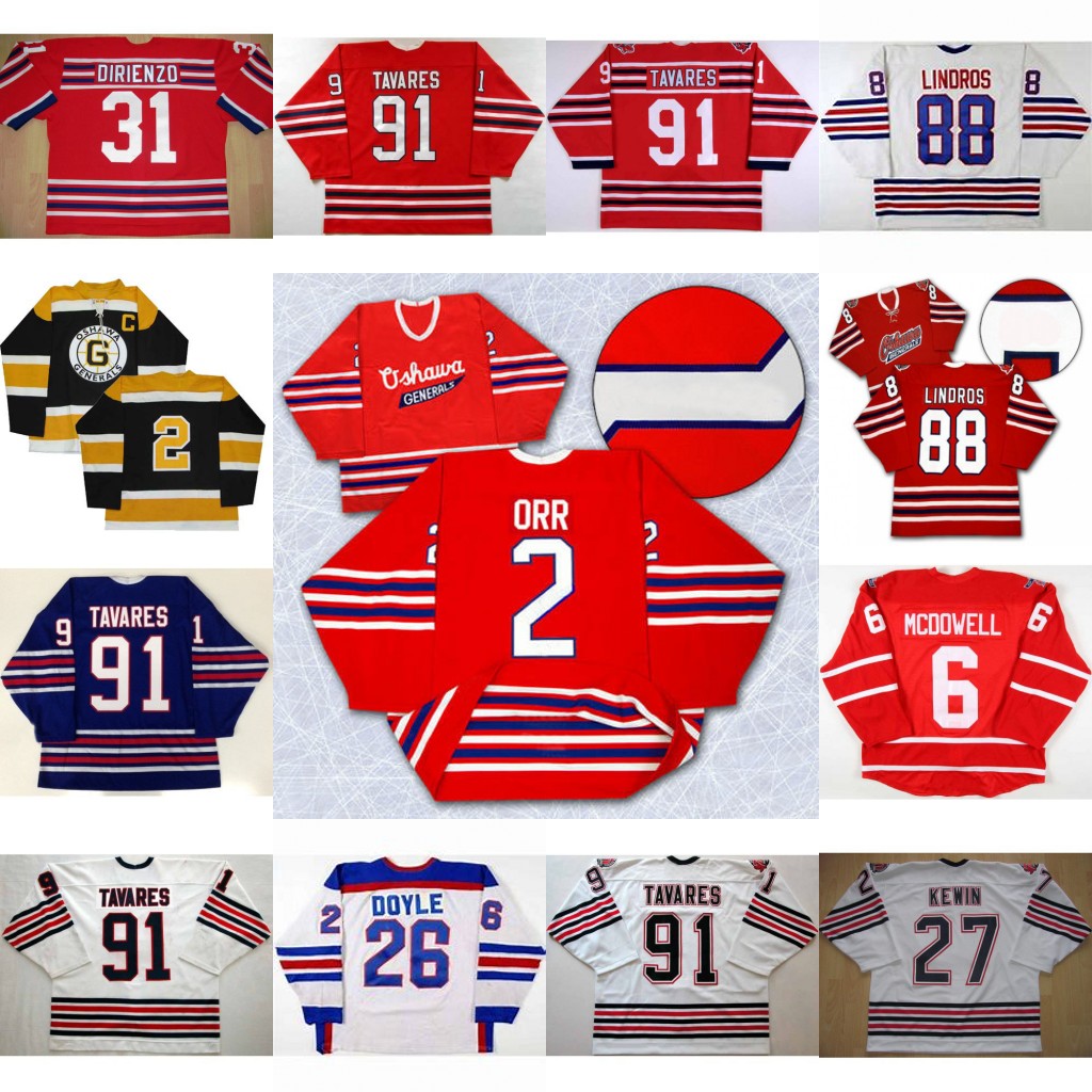 

Oshawa Generals Jersey 91 John Tavares 27 Kewin 2 Bobby Orr 31 Dirienzo 26 Shane Doyle 6 Jimmy McDowell 88 Eric Lindros Hockey Jersey, 88 eric lindros white